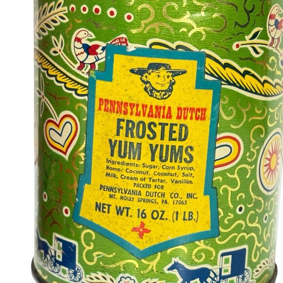 Vintage Pennsylvania Dutch Candies Yum Yum Peanut Crunch Tin Coin Banks Amish - Picture 2 of 14